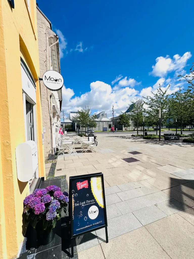 Udendørsbillede af en facade af Moon Coffee & Tea-caféen på en solrig dag. En sort sandwich-tavle foran butikken annoncerer åbningen, dekoreret med tekst og en illustration af en drik. Der står lilla blomster ved siden af tavlen, og butikken ligger på en brolagt gade under en klar, blå himmel.